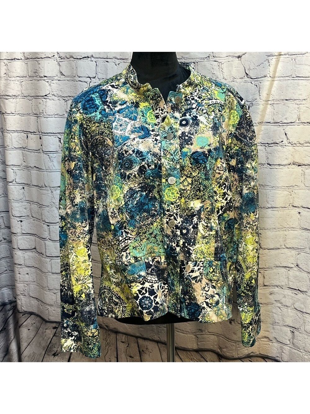 Christopher & Banks Blue Green Yellow Splatter Paint Style Denim Jacket Sz L EUC